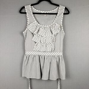Robin Women's 6 Ruffle Front Peplum Top White Gray Stripe Nautical Preppy Office